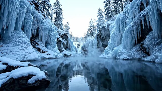 Frozen canyon with icicles and mist rising over still river in winter wilderness