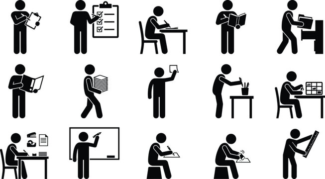 Set of office and school work icons featuring stick figures performing various tasks like writing, reading, filing, and teaching
