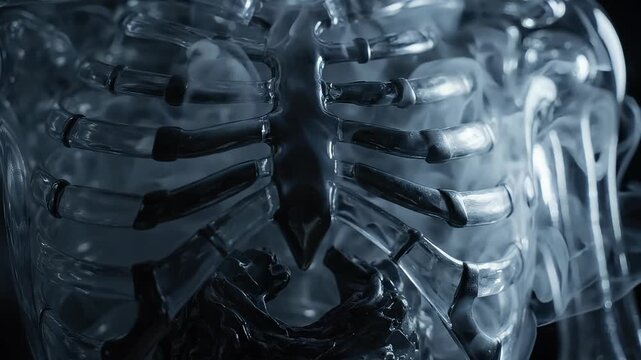 Abstract translucent human skeleton model with flowing white smoke, cinematic medical visualization of respiratory system, high contrast low key dark aesthetic, science and anatomy concept.