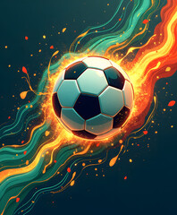Naklejka premium Dynamic soccer ball exploding with energy and colorful abstract waves