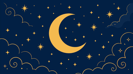 Fototapeta premium Dreamy crescent moon vector illustration on deep navy sky with sparkling gold stars, swirling cloud outlines, magical celestial night backdrop, and elegant astrology themed design art