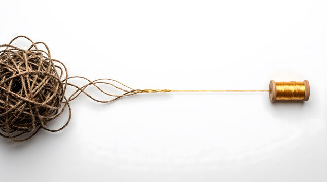 Tangled Rustic Twine Transforming into Organized Golden Thread.
