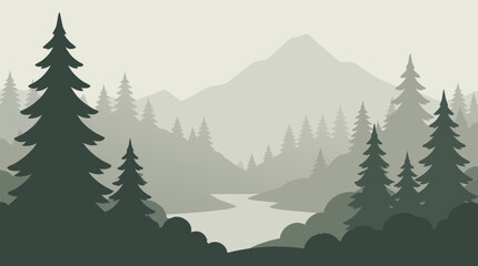 Fototapeta premium Misty mountain lake surrounded by layered evergreen forest silhouettes, soft sage grey vector landscape with tranquil water, distant peaks and calm wilderness mood for nature themed design and art