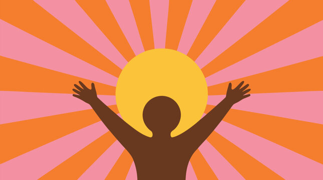 Radiant retro sunburst vector illustration with silhouetted person reaching upward, golden sun, pink and orange rays and uplifting energy for wellness, motivation, freedom and celebration designs