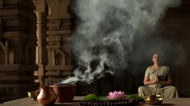 Rishi Panchami ritual, a clay incense burner emitting aromatic white smoke, placed next to a string of rudraksha beads and river lotus flowers