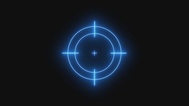Glowing blue neon crosshair target symbol isolated on a dark background for gaming and military use