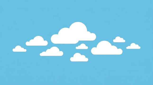 Minimalist 2D cartoon clouds floating in clear blue sky. Flat design white fluffy shapes for digital backgrounds and illustrations.