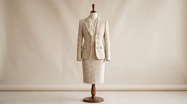 Professional woman in tweed blazer on mannequin. Stylish female office attire for corporate fashion display.