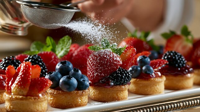 Delicate dusting of powdered sugar over fresh berry tarts, a sweet culinary creation showcasing vibrant fruits and baking artistry