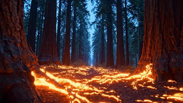 Glowing root network spreading across ancient sequoia forest floor at dusk for nature and fantasy content