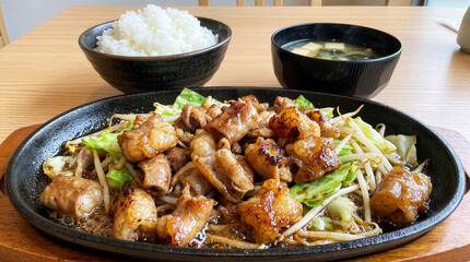 Fototapeta premium 鉄板で熱々！ご飯が進むホルモン定食