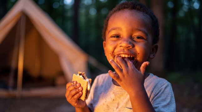 Happy toddler eating a gooey s'more by a warm campfire during a summer camping night, ideal for family lifestyle marketing