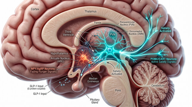 Anatomical brain diagram showing neurochemical pathways of satiety activation with glowing neural network synapses controlling food intake.