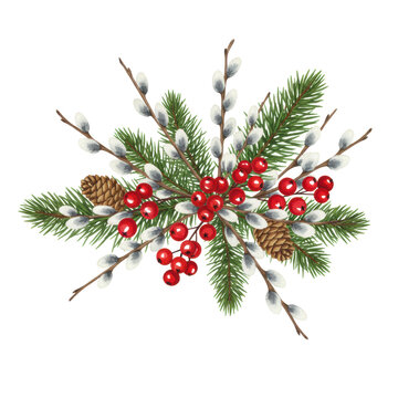High-quality watercolor illustration of elegant festive winter greenery arrangement, featuring silver pussy willow, red holly berries, and pine on white background. concept for holiday greeting cards