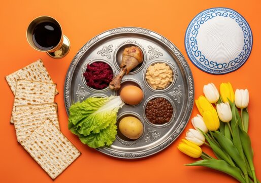 Traditional Jewish Passover Seder Plate with Matzah, Wine, and Spring Tulips on Orange Background