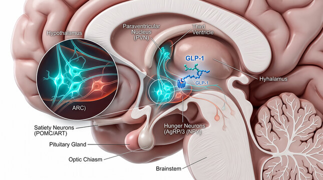 Sagittal brain cross section diagram visualizing GLP-1 hormone pathways targeting hunger neurons in the hypothalamus to activate satiety signals.