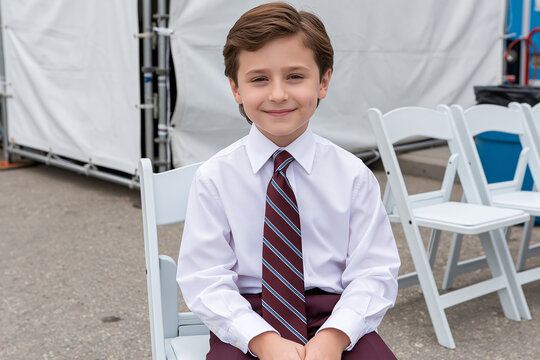 Young boy sits on chair dressed in formal clothes