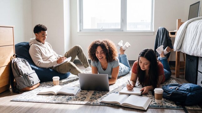 Back to school university students relax on the floor with laptops in a bright modern dormitory for lifestyle content