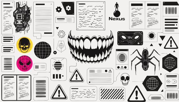 Cyberpunk UI icon set with futuristic elements. Sci-fi digital interface symbols and graphics.