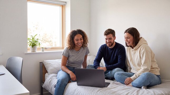 Back to school university students watch a movie on a laptop in a bright modern dormitory room for entertainment lifestyle content