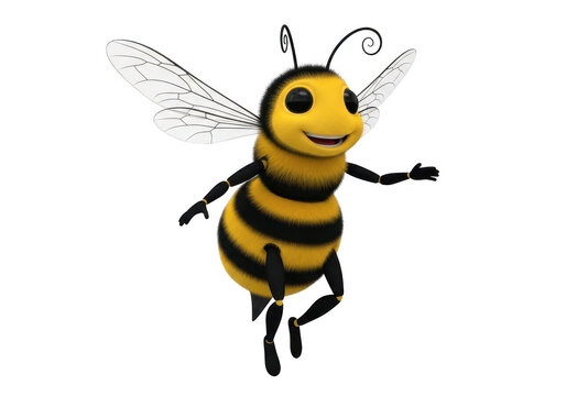 Cute cartoon honey bee character waving hello with a friendly smile and bright yellow wings