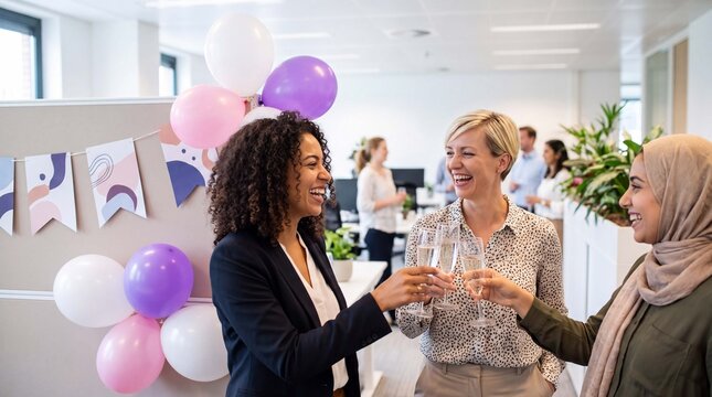 Women Equity Day observance features authentic businesswomen expressing happiness in a modern workspace