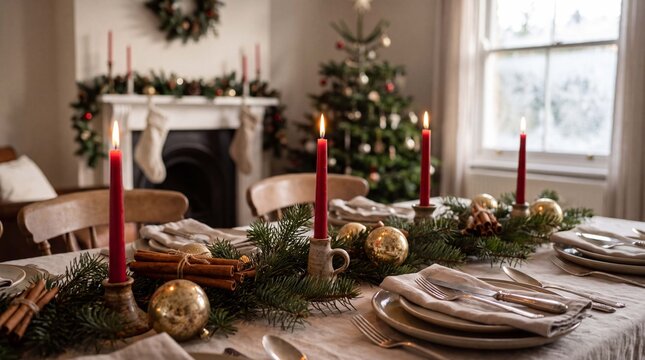 Winter holiday candles and pine branches decorate a festive Christmas table setting for elegant dinner invitations