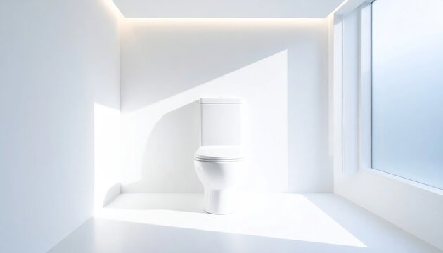 Minimalist white bathroom with modern toilet and sunlight shadows.