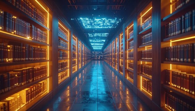 Modern data center corridor with vibrant glowing server racks.