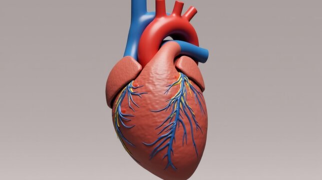 Primer plano de un modelo anat&oacute;mico en 3D de un coraz&oacute;n humano, con vasos sangu&iacute;neos y cavidades detallados