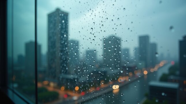 Primer plano de grandes gotas de lluvia desliz&aacute;ndose por la ventana de una oficina moderna, con el perfil urbano desenfocado al otro lado del cristal