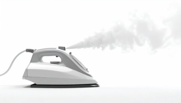 Modern steam iron emitting thick white steam clouds.