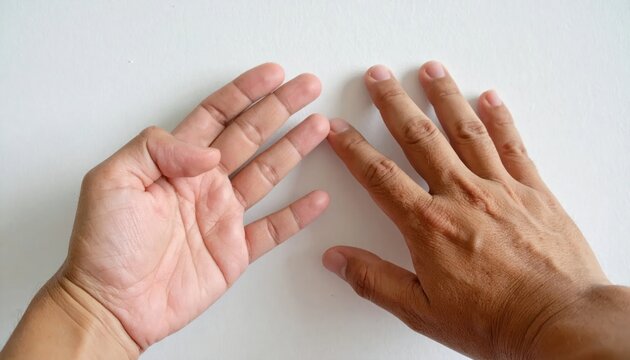 One palm open and one hand back against wall.