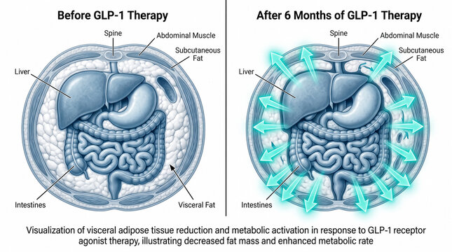Medical diagram comparing subcutaneous fat and visceral fat reduction with metabolic activation in the liver and intestines during obesity treatment.