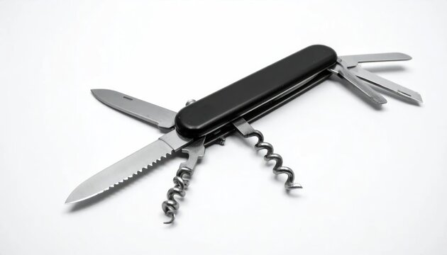 Open black multi-tool pocket knife on white background.