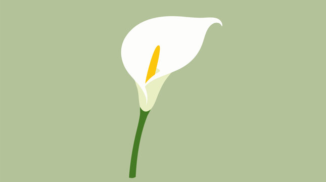 Elegant white calla lily vector illustration with curved petal, golden spadix and slender green stem on soft sage background, minimalist floral art for wedding, sympathy, spa branding