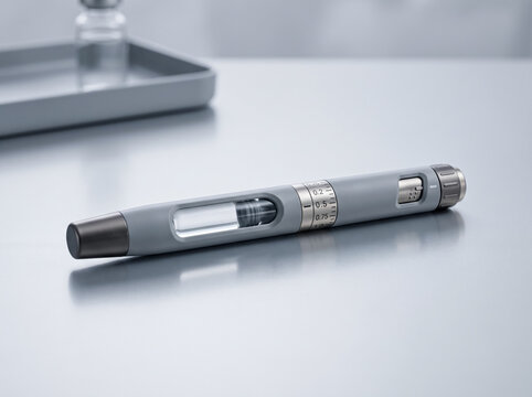 Close up view of medical injector pen with transparent cartridge for diabetes medication