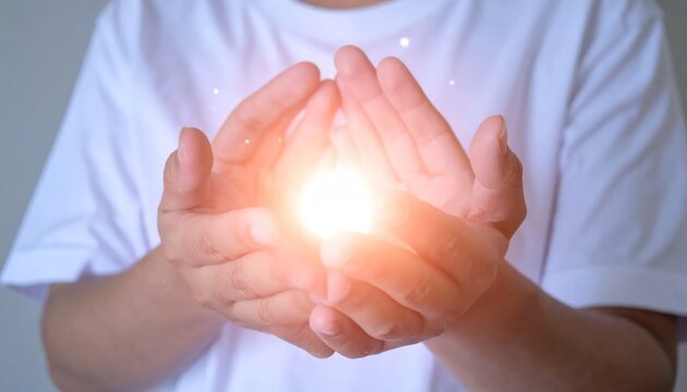 Person cupping hands around radiant golden light orb.