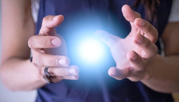 Person holding blue glowing energy sphere between hands.