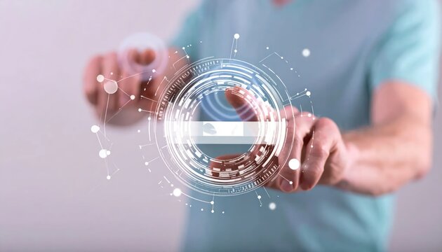 Person touching futuristic circular holographic digital interface.