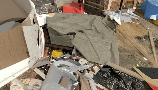 Piled construction debris and renovation waste in messy room.