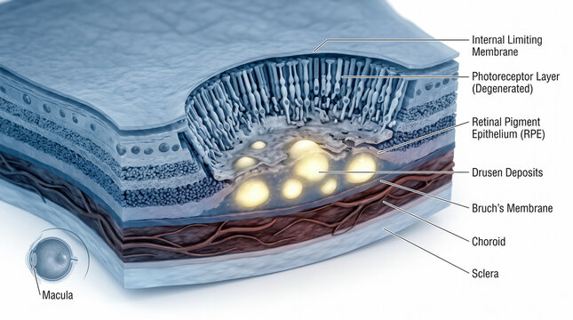 Microscopic 3D rendering of an open ulcer crater lesion breaking through tissue epithelial layer with inflamed yellow cells background.