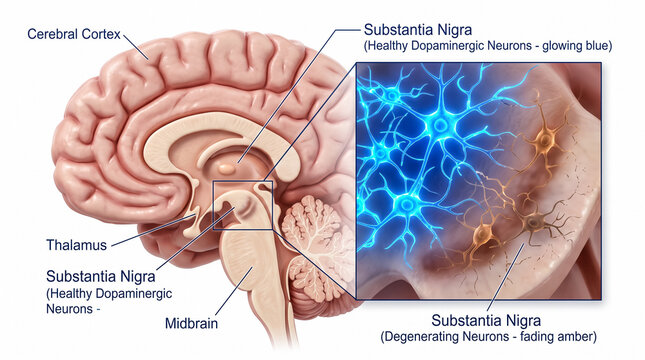 Human brain sagittal cross section medical diagram showcasing the location of substantia nigra and dopamine neural pathways comparison for Parkinson's disease.