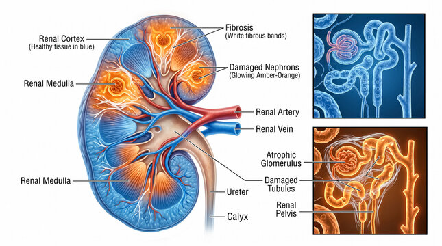 Anatomical cross section model of a human kidney suffering from chronic kidney disease showing damaged nephrons, renal atrophy and glomerular fibrosis.