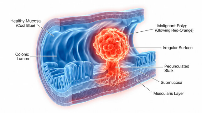 Cross section 3D rendering of a human colon intestine wall showing a malignant red glowing tumor growth or colorectal cancer polyps formation close up.