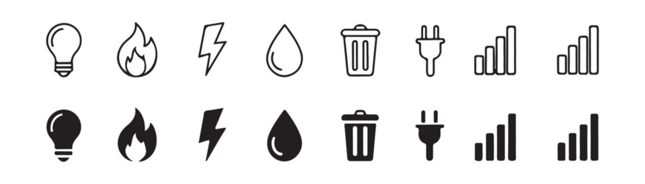 Energy concept icons outline and filled light bulb fire lightning drop trash plug bars.