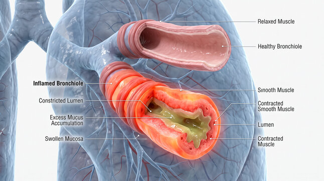 Respiratory system medical diagram comparing a normal open airway bronchus with an inflamed mucus filled asthmatic bronchial tube section.