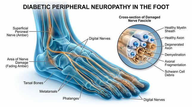 Anatomical diagram of a human foot showing diabetic peripheral neuropathy nerve pathways with a digital cross section inset of damaged nerve fascicles.