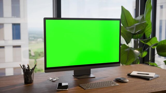 Computer PC Monitor Green Screen In Modern Executive High Office - Camera Orbit
