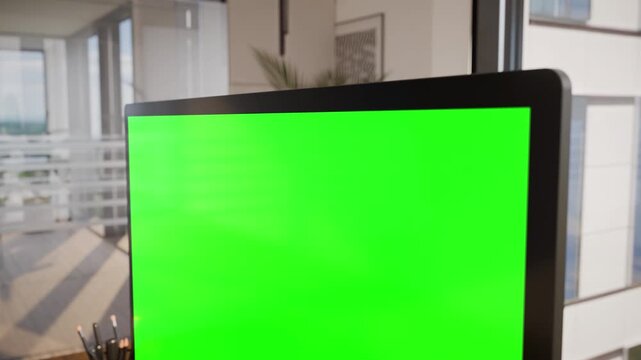 Computer PC Monitor Green Screen In Modern Executive High Office - Perspective View Close Up